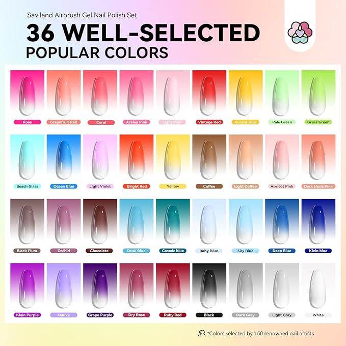 SAVILAND Airbrush Gel Nail Polish: 36 Colors No Need for Dilution Gel Polish Airbrush Paint for Nail Diluted High Pigmented for Acrylic French Gradients Cat Eye Paint Home Salon DIY Christmas Gift