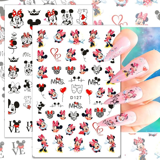 Valentines Nail Stickers Cute Cartoon Nail Art Stickers 3D Self Adhesive Nail Design Sticker Supply Valentines Day Romantic Love Heart Rose Cartoon Mouse Nail Decals for Women Girls DIY Manicure