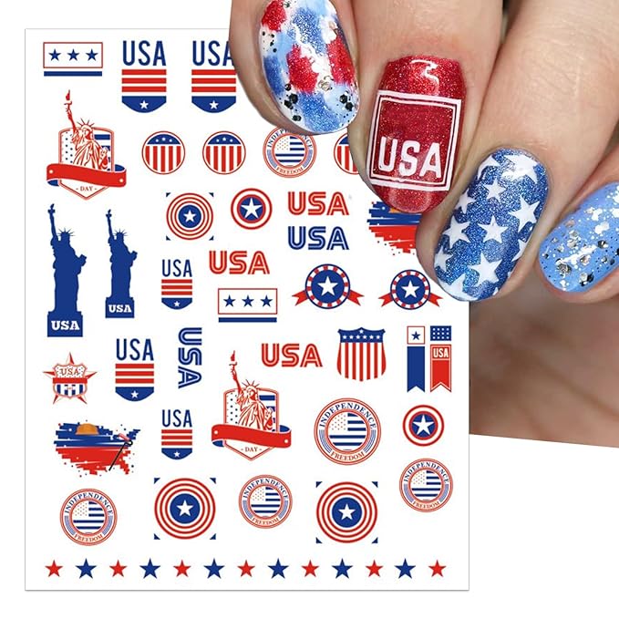 12 Sheets 4th of July Nail Stickers, USA Independence Day Patriotic Nail Decals, 3D Design Self-Adhesive Memorial Day Flag Star Nail Art