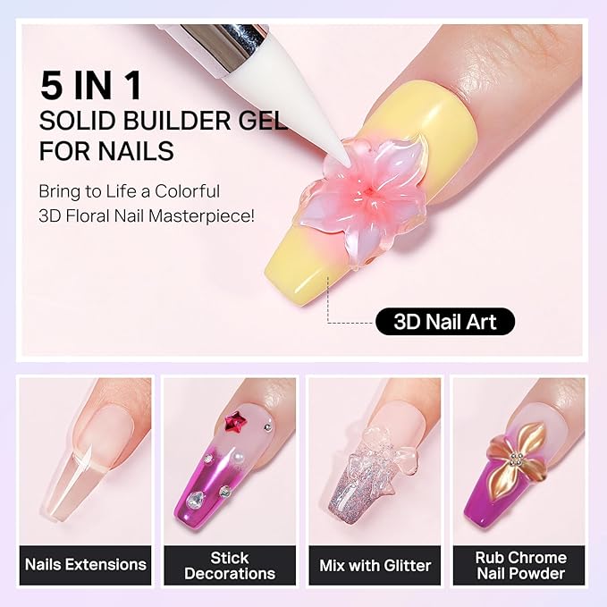 MIZHSE Clear 3D Gel Nail Art Solid Builder Gel for Nails, 5 in 1 Non-Sticky Sculpture Hand Carving Nail Extension Gels with 24pcs Dual Form for 3D Patterns Flowers for Beginner DIY Salon at Home