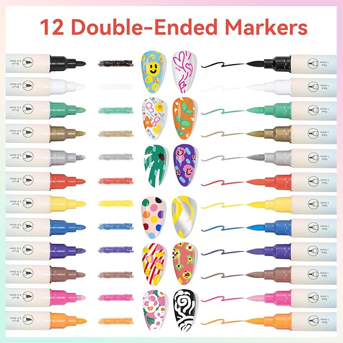 12 Colors Nail Art Pens Set, 3D Nail Polish Pens, Double-ended Nail Markers, Quick-Drying Acrylic Paint Markers, Drawing Painting Dotting Liner for DIY Nail Design, Home & Salon Manicure Tools
