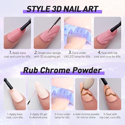 3D Sculpting Gel Kit – 2×20g Nail Art Gels with Dual Pens, Gold & Silver Chrome Powders, Brushes & Rhinestone Tray for DIY Nail Design at Home or Salon