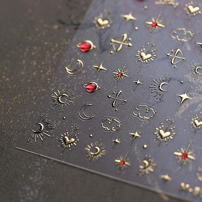 5D Embossed Nail Stickers Gold Star Nail Art Stickers Heart Nail Decals Self-Adhesive Nail Art for Women Moon Sun Nail Manicure Decoration