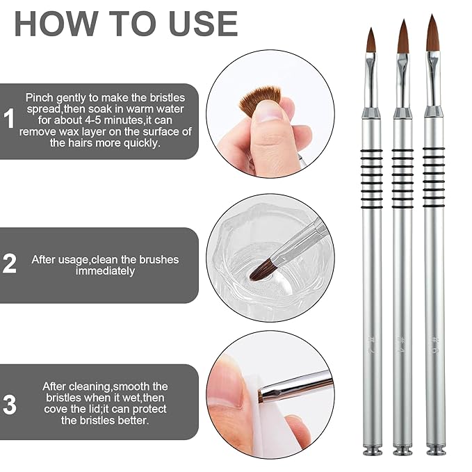 3 Pack 3d Nail Art Brush for Acrylic, Flower Brush for Acrylic Nails Kolinsky with Non-slip Handle (Size # 2/#4/#6)