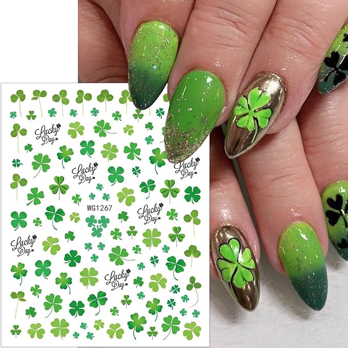 6 Sheets St. Patrick's Day Nail Art Stickers 3D Self-Adhesive Hats, Balloons, Horseshoes, Clover Nail Decals Lucky St Patricks Day Nail Stickers Gold Coins Flower Shamrocks Nail Art Decals for Women