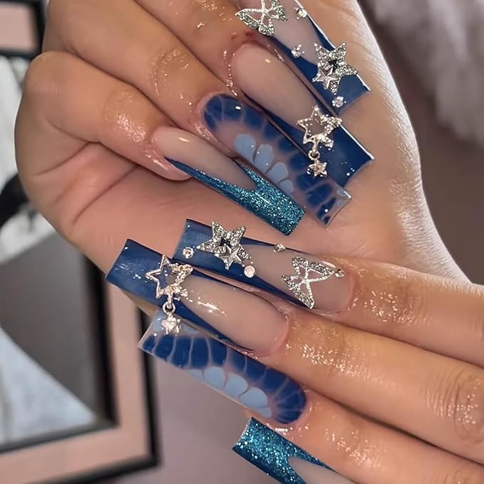 Long Square Press on Nails Blue Glitter French Tip Fake Nails Full Cover Blue Acrylic False Nails with Charms Designs Long Nails Press ons 24Pcs Ombre Glue on Nail for Women