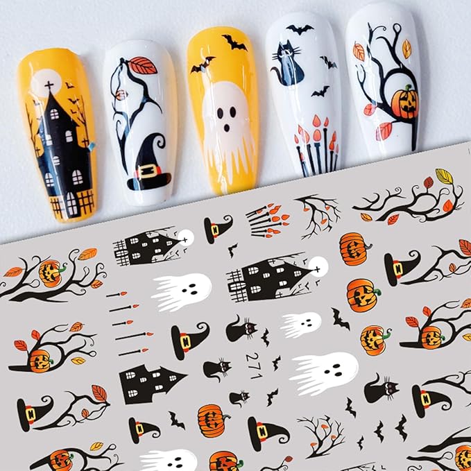 Halloween Nail Stickers for Nail Art Cute Ghost Pumpkin Bat Scary Anime 3D Self-Adhesive Nail Decals Nail Art Supplies Nails Design Manicure Stickers for Nails Decoration 6Sheets