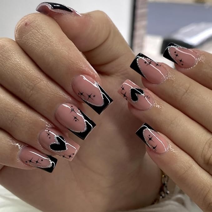 French Tip Press on Nails Short Square Valentines Fake Nails Heart Press ons Black Nails Tips Glue on Nails Glossy Full Cover Designs Stick on Nails Acrylic False Nails for Women Girls 24Pcs