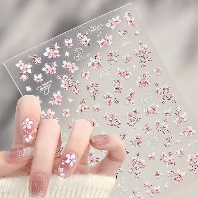 5D Embossed Flower Nail Art Stickers Cherry Blossoms Nails Decals White Pink Sakura Floral Nail Stickers Spring Summer Nails Design Flower Supplies for Women DIY Manicure Decoration Accessories 1Pcs