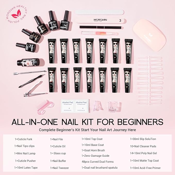 Morovan Poly Gel Nail Kit: All-in-One Beginners Practice Full Set With UV light & Slip Solution For Teens Nail Extension Gel Kit Starter At Home User Friendly & Salon Results for Home Manicures