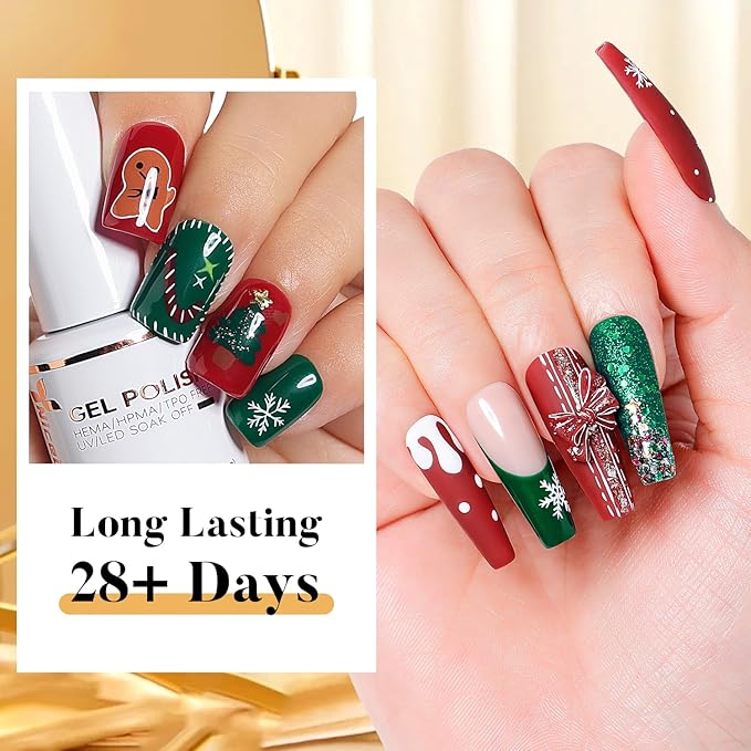 Nicedeco Gel Nail Polish Nail 12 Colors, Hema Free, Cruelty Free, Vegan, Christmas Red White Green Golden Glitter U V Gel Manicure Kit 8