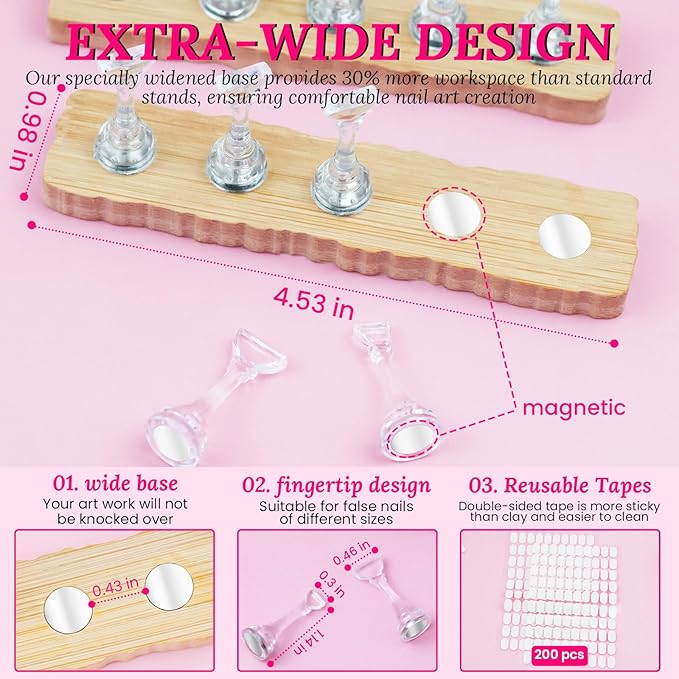 Nail Stand For Press Ons Tall Extra-High Nail Tip Holder For Painting Art Supplies Magnetic Wood Display With 1 Heart Fake Nail Stands, 200Pcs Double Sided Tape, Decorating Art Accessories Kit