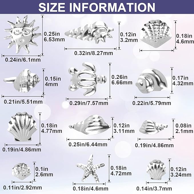 2 Disc Ocean Nail Art Charms, Beach Starfish Sea Seashell Nail Decal, Alloy 3D Gems Jewelry Decoration Supplies for Manicure DIY Embellishments 12 Style- Silver