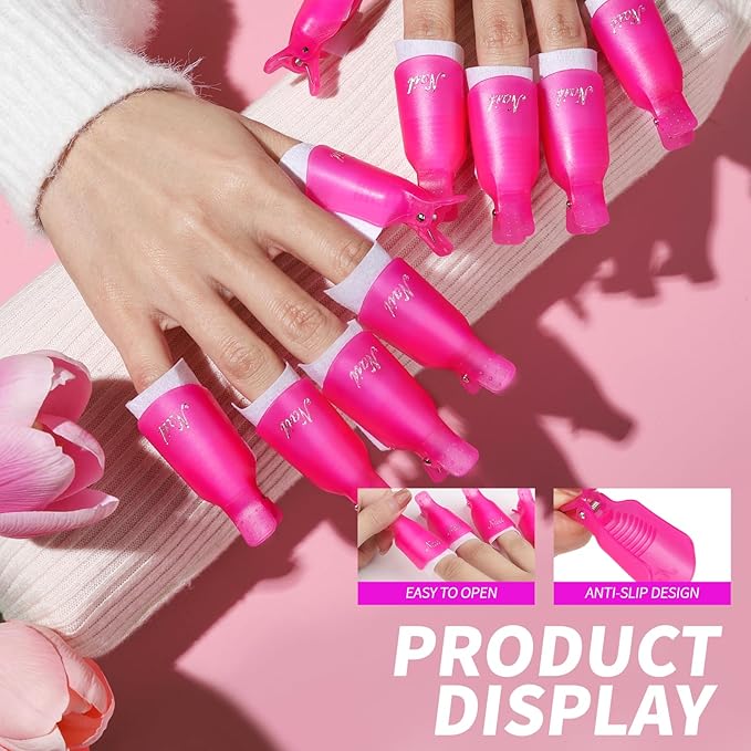 FANDAME Gel Nail Polish Remover Tools Kit, 10 PCS Nail Polish Remover Clips Rose Red, 100ml Nail Polish Remover Bottle, 500PCS Cotton Pad, Nail Brush, Cuticle Pusher, Nail File, Buffer Block Tools kit