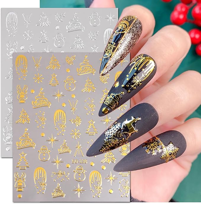 8 Sheets Christmas Nail Stickers for Nail Art, Cute Xmas Nail Decals 3D Self Adhesive Winter Nail Accessories Gingerbread Man Christmas Tree Snowflake Pattern Holiday Manicure Supplies for Women Girls