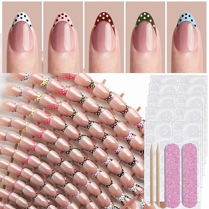 Polka Dot Press on Nails Short Almond Fake Nails 9 Colors French Tip Nails Press ons with Design Reusable Artificial Nail in 12 Sizes Full Cover Stick on Nails for Women Manicure Decorations 216Pcs