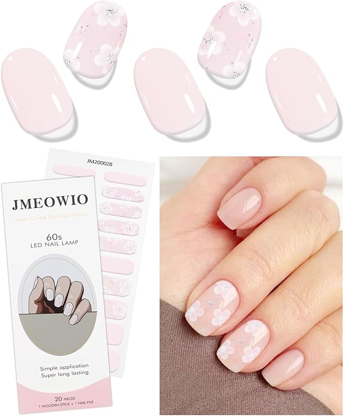 JMEOWIO Gel Nail Stickers Glitter White Flower Semi Cured Gel Nail Strips Wraps UV/LED Nails Art Design Decoration Accessories