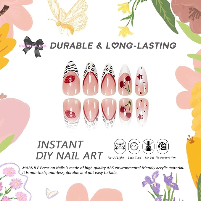 Press on Nails Medium Almond MABKJLF French Tip Fake Nails False Nails with Cherry Stars Zebra Leopard Print Polka Dots Designs Glossy Glue on Nail Full Cover Acrylic Nails for Women Girls 24Pcs