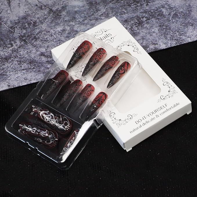 Gothic Press on Nails - Halloween Fake Nail | Dark Red Stiletto Acrylic Nails with 3D Stripe Designs,Reusable Stick on Nail for Women Girls| Halloween Manicure - 24Pcs