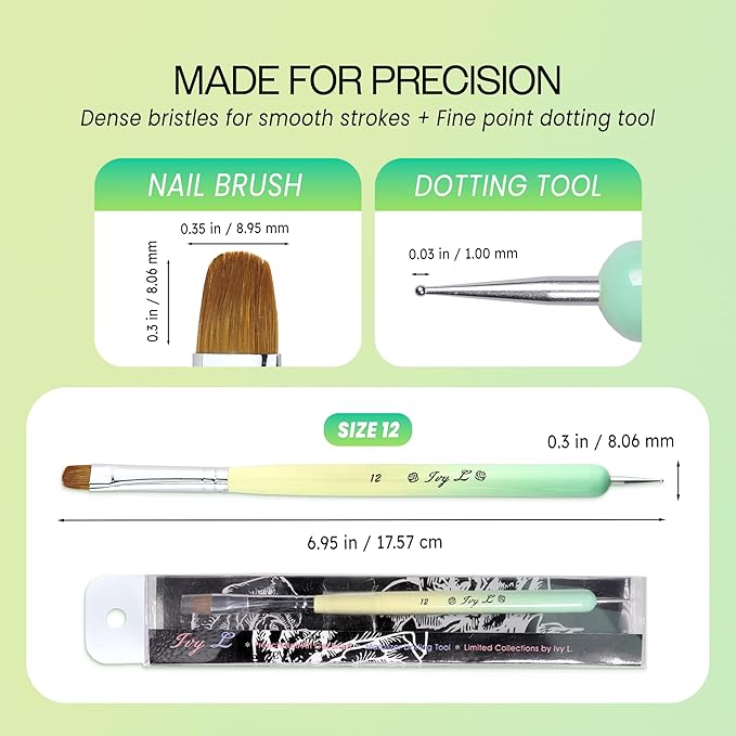 Ivy-L Premium 2 Ways French Gel Acrylic Nail Art Kolinsky Brush with Dotting Tool for Professional Manicure Nail Art Design Cuticle Clean-up + Lime Green Wood Handle (Size 12)