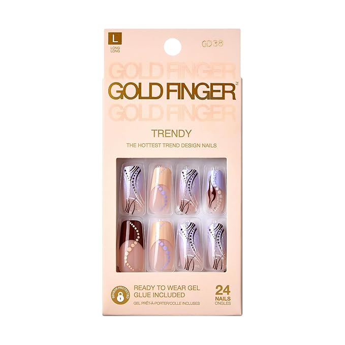 Goldfinger Trendy False Nails Kit, Long Squoval Design Nail, Playful Simple Artistic Sheer Nude Print, Ready to Wear Gel & Manicure Stick Included, Long-Lasting Convenient & Easy to Apply