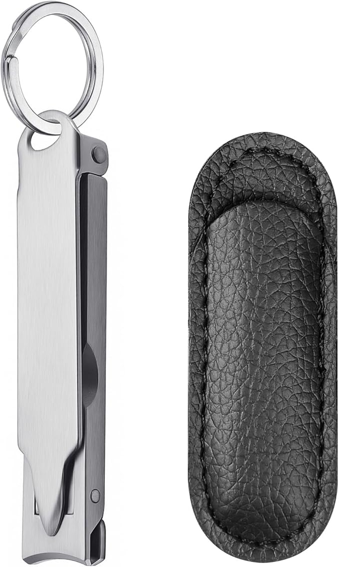 Ultra Thin Portable Fingernail Clipper Small Pocket Folding Nail Clippers, Wide Jaw Cutter with Keychain Curved Trimmer, Flip Open Brushed Finish (Small-Brushed)