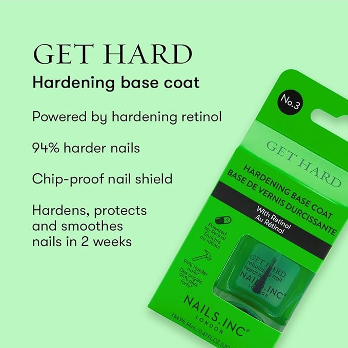 Nails Inc Get Hard, Hardening Base Coat, Retinol, Nail Strenthening, No Chip, Long Lasting, Quick Dry, Air Dry, Professional Manicures & Pedicures, Fingernails & Toenail, Vegan Nail Polish, 0.47 Fl Oz