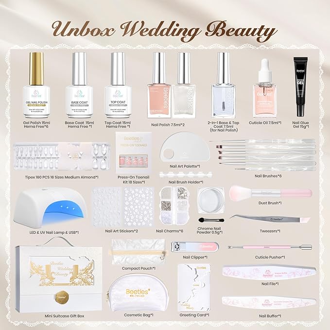 Beetles Gel Nail Polish Kit with UV Light - Wedding Beauty French Manicure Kit, 15ml UV LED Soak Off French Tip Gel Polish Set with Nail Tools Valentines Nails Decoration - Gifts for Her