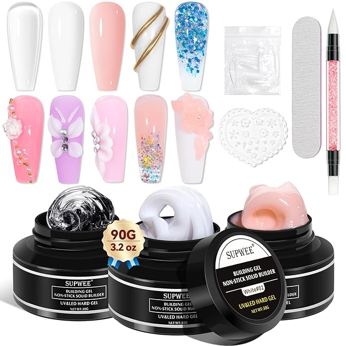 Solid Builder Gel for 3D Nail Art Gel Non-Sticky Hand 3D Sculpture Nail Gels Clear Hard Gels for Nails Extension Carving Modeling Nails Art Polish, Clear White Nude 3 Colors