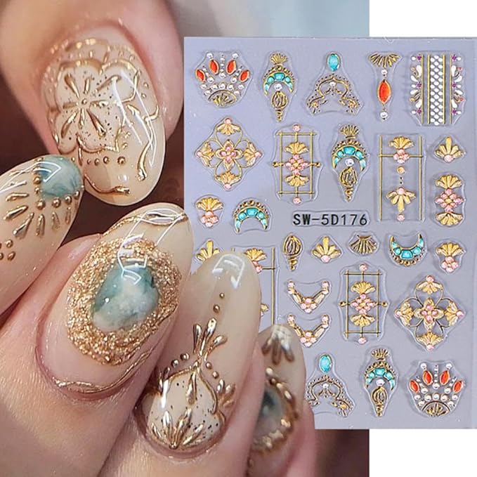 Gold Nail Art Stickers Sun Moon Nail Decals for Nails Art Flower with Design Nails Stickers 5D Embossed Self Adhesive for Women Girls Kid Manicure DIY Charms Decoration 2 Sheets