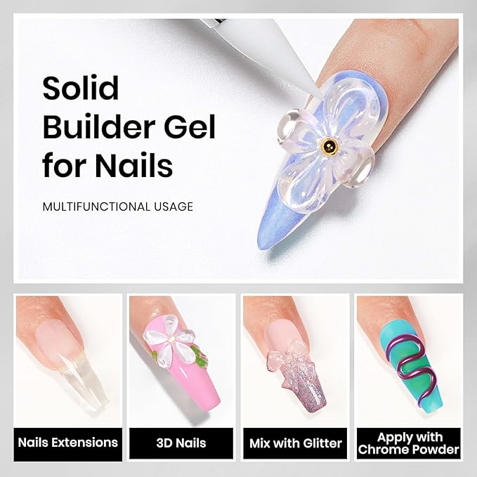 MIZHSE 30g Solid Builder Gel for Nails and 15g Rhinestone Glue, Clear Hard Nail Builder Gel 3D Sculpting Gels Non-Sticky U V LED Nails Charm Glue 3D Art Salon Home DIY