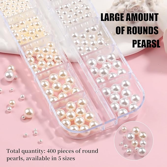 Multi Sizes Round Pearls 3D Nail Charms, 2-6mm White Pearls Nail Jewelry with Tweezers and Dual-end Brush for Women Manicure Nails Supplies DIY Crafts Decorations (21-K1-white-beads)