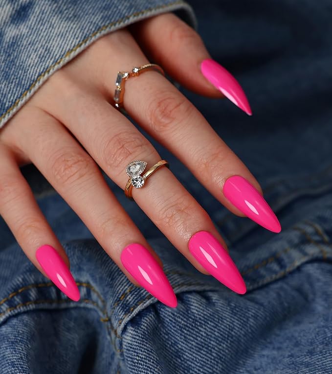 Morily 24Pcs Press on Nails Medium Hot Pink Fake Nails Stiletto Glossy False Nail Tips Artificial Full Cover Stick on Nails for Women