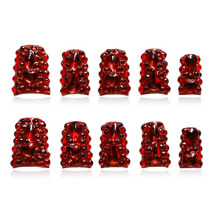 Red Chrome Press on Nails Short Duck, Full Rhinestones Red Heart Fake Nails 3D Luxury Acrylic Duck Nails Thickened False Nails (Crimson Glimmer Enchant,L)