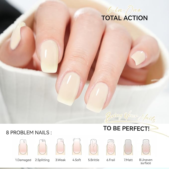 Nail Polish Strengthener and Growth Treatment: Yellow Gelike EC 6 in 1 Natural Nail Hardener Extra Strong and Growth - Long Lasting Nail Repair for Damaged Nails - For Daily Work Home Salon