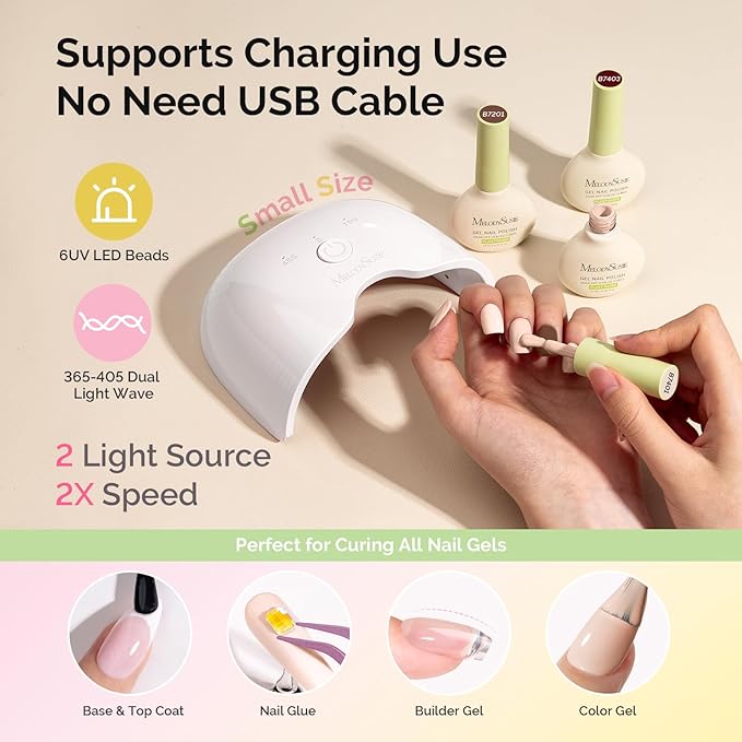 MelodySusie Gel Nail Kit with P-ART06G Cordless UV Lamp Rechargeable LED UV Light with Smart Sensor Classic Popular Colors Plant Based Nails Polish with Top Base Coat Builder Gel Beginner Nail Kit