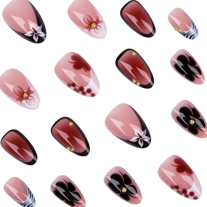 Press on Nails Almond - Short Fake Nails with Flower Design - Ombre French Tip False Nails Press ons - for Women 24 Pcs
