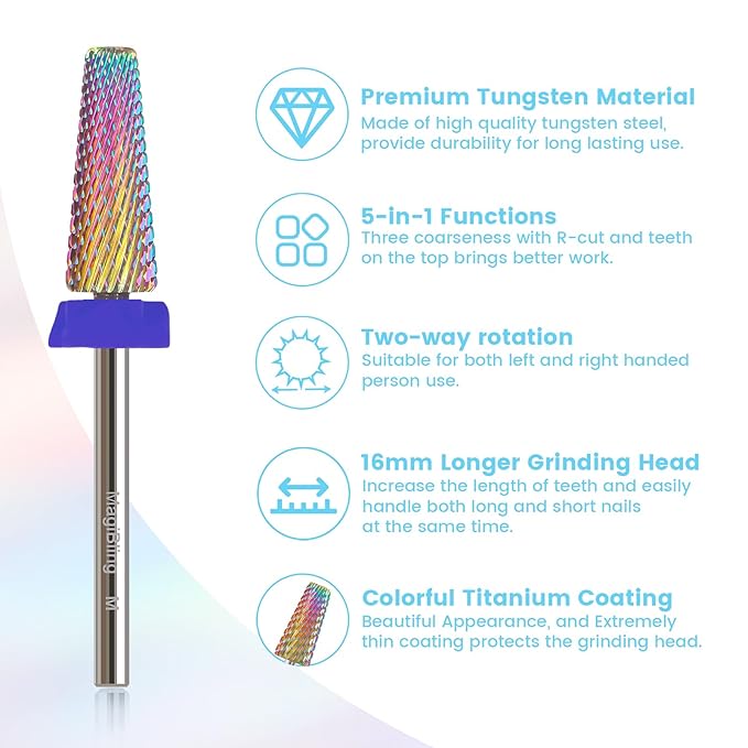 M 5 in 1 Nail Drill Bits, 16mm Tapered 3/32'' Professional Tungsten Carbide Bits for Efile, 2 Rotation for Electric Drill, Remove Thick & Soft Gel Fast, Manicure Cuticle Polish, Nail Techs Bit, Medium
