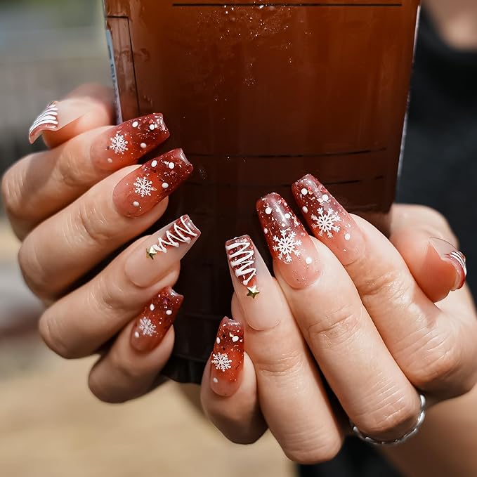 Glitter Press on Nails Short Coffin - Sweet Pink Red Gradient Handmade Nails Xmas Tree & Snowflake Pearl Star Design, Glossy Full Cover False Nails for New Year Nails Art (Festive Dream,S)