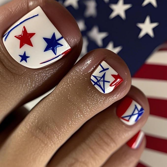 4th of July Press on Toenails Short Square Glue on Toenails with Red Blue Star Design Striped Lines Stick on Toenail Independence Day False Toenail Summer Fake Toenail for Women Manicure 24Pcs