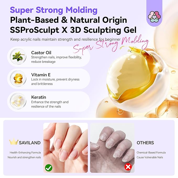 SAVILAND Clear 3D Nail Gel Kit: 15g No Wipe 3D Sculpting Gel with Metallic Gold Silver Chrome Powder for Nail Art Carving, Molding & Painting Home DIY Salon Manicure Supplies