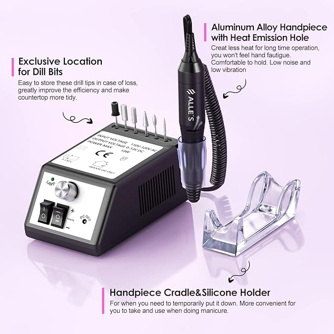 Professional Nail Drill Machine 20000 RPM Efile Electric Nail Filer Kit for Finger Toe Nails, Acrylic Gel Nails, Manicure Pedicure Drill with 6Pcs Nail Bits, 106Pcs Sanding Bands - Black