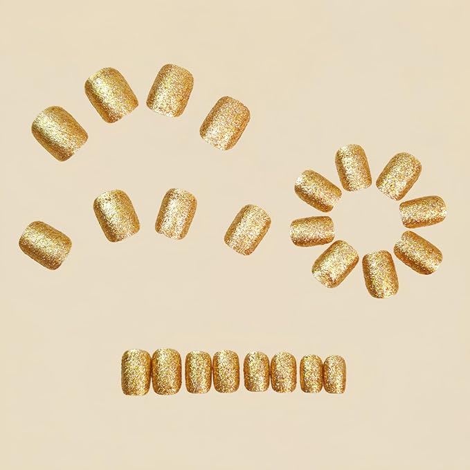 Gold Glitter Press on Nails Short Round Fake Nails Solid Gold Designs False Nails Shiny Golds Full Cover Glossy Reusable acrylic Stick on Nails for Women Girls Light Luxury Manicure Decoration 24Pcs