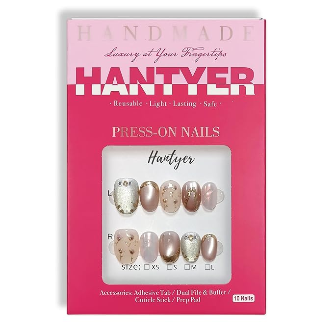 Soft Glam Pink Cat Eye Press on Nails with Hand-Painted Tulips, Rhinestones & Gold Lines - Short Oval Glossy Fake Nails, Reusable Elegant False Nails for Women Fall Winter Party Date, Size L