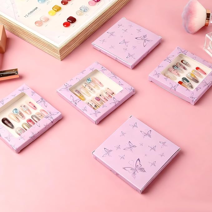 ANGNYA 72PCS Empty Press On Nail Packaging Box Contains 35PCS Butterfly Press On Nail Boxes, 35PCS White Display Cards, 2PCS Double Sided Tapes, Nail Tip Storage Case for Press-on Nail Business