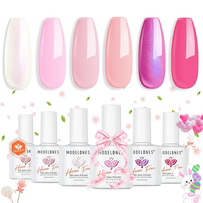 modelones Pink Gel Nail Polish Set,Hema-Free Light Pink White Hot Pink Gel Polish Kit Magenta Purple Shimmer LED 6 Colors 2026 Spring Easter Nail Art Gift Salon DIY Starter Kit