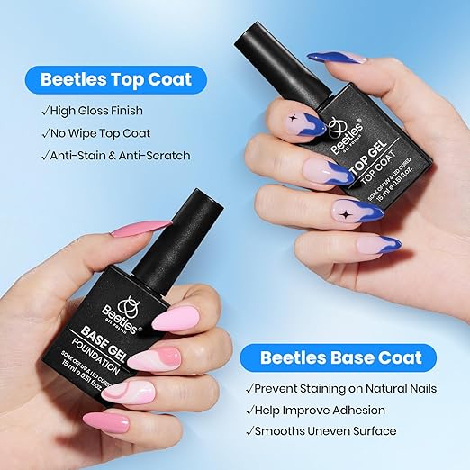 Beetles 4Pcs Gel Top Coat and Base Coat with Nail Dehydrator and Primer Set - Acid-Free & Hema-Free Nail Bond for Gel Polish & Acrylic Nails, Long-Lasting for Professional Manicure Prep Kit