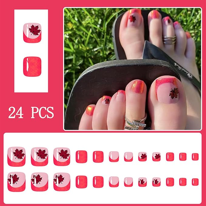 Autumn Press on Toenails Short Square with Maple Leaf Fake Toenails French Tips Glitter Designs Fall Red Glitter Full Cover Acrylic Glue on Toenails for Women Manicure Decoration 24Pcs