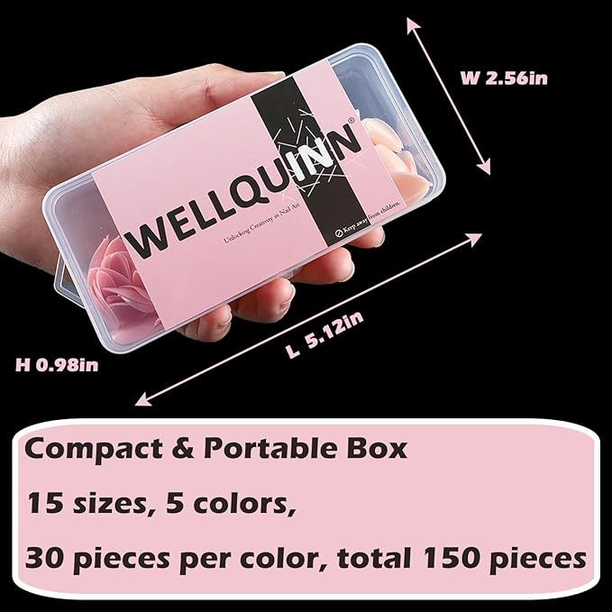 Almond Short Press on Nails Full Cover Pre-shaped Thick Fake Acrylic Nail Tips, 5 Colors, Manicure Salon & DIY at Home 150 PCS 15 Sizes