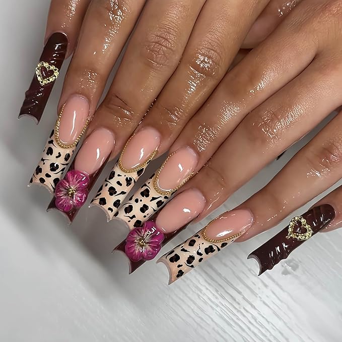 RTKHFZE Press on Nails Long Square Fake Nails Leopard French Tip Glue on False Nails Nails Press ons with 3D Flower Artificial Heart Metallic Acrylic Nail for Women 24Pcs Stick on Nail